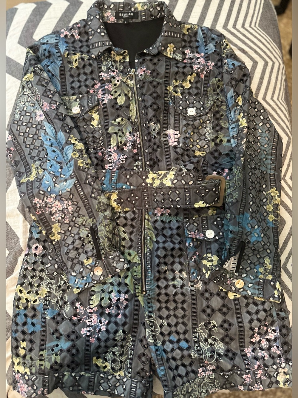 Beulah Black Floral Embroidered Jumpsuit with Blue & Green Accents size Large